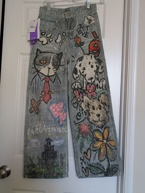 Painted Jeans Doodle Graphic Cats Dogs Flowers Art Women's Small Size 28